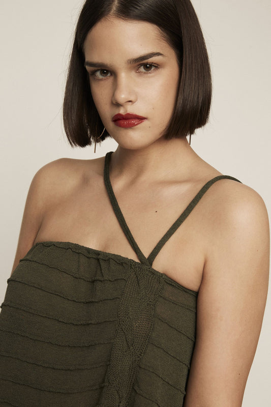 Deep Green Knit Braided Crop Top | Textured Viscose, Adjustable Straps