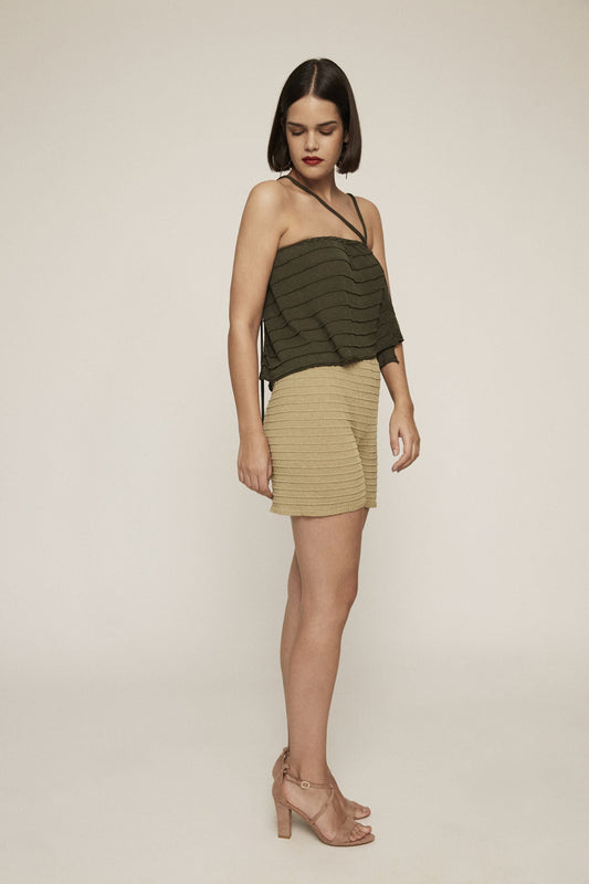 Luxurious High-Waist Khaki Knit Palm Shorts, Textured, Elastic Waistband, Women's