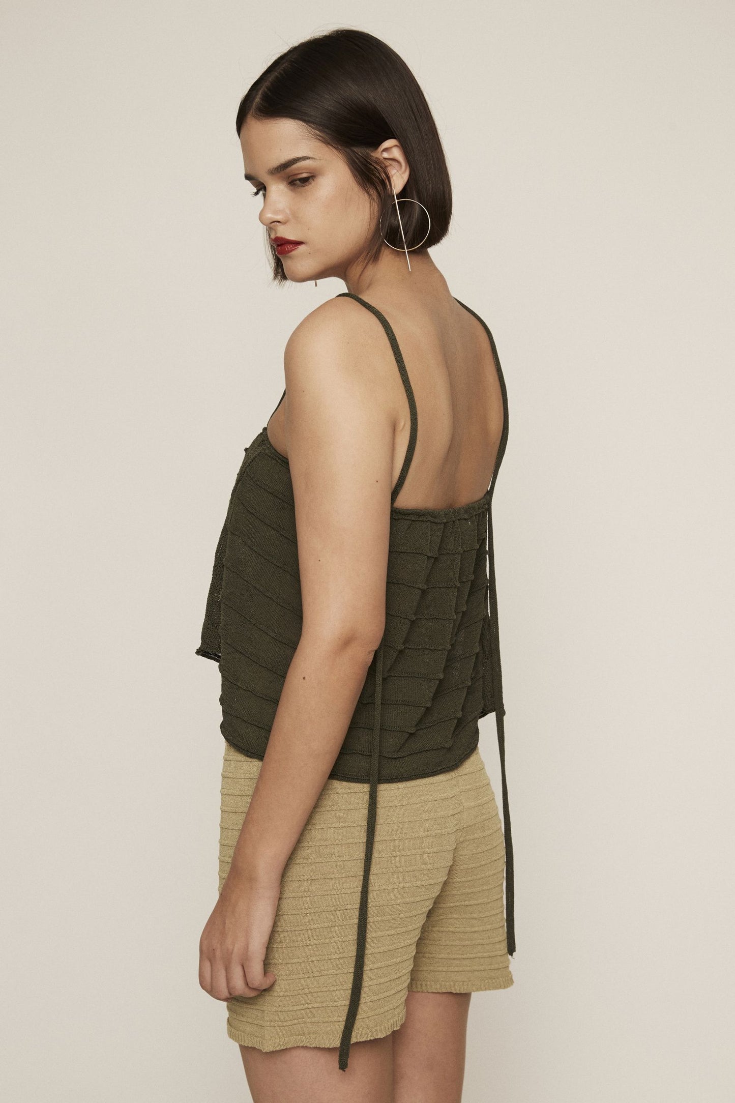 Luxurious High-Waist Khaki Knit Palm Shorts, Textured, Elastic Waistband, Women's