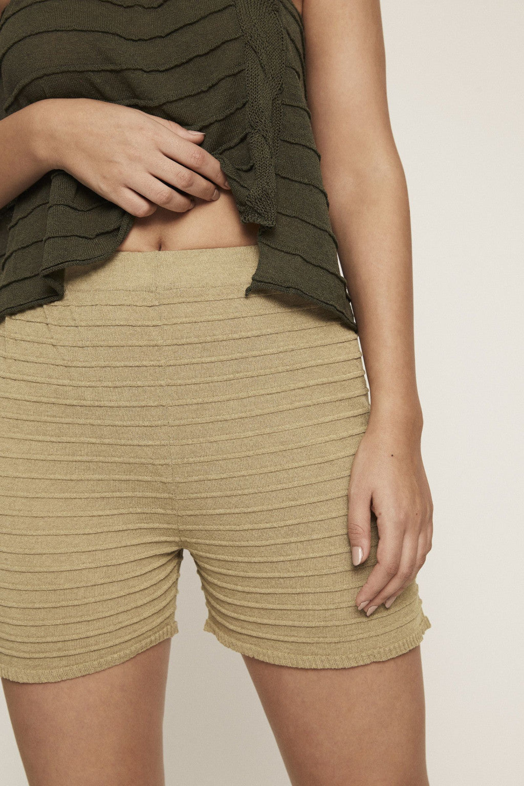 Luxurious High-Waist Khaki Knit Palm Shorts, Textured, Elastic Waistband, Women's