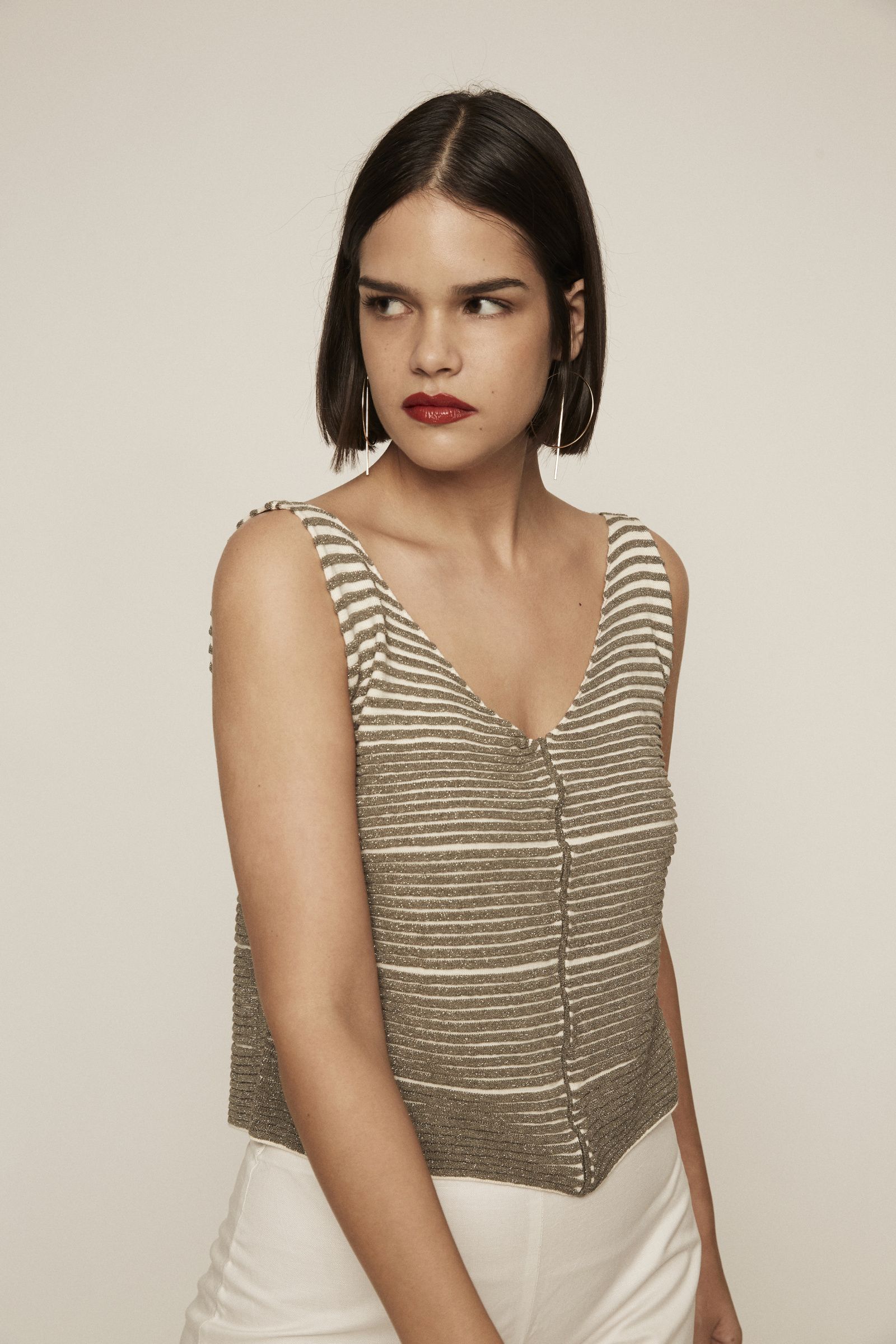 Ester Ferrando Shimmery Khaki White Textured Crop Top V-Neck Wide Straps